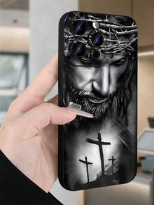 Sacred Jesus Portrait - Crown Of Thorns Creative Phone Case - Premium TPU Cover - Shockproof Anti-Slip Protection - For IPhone 16 Pro Max 15 Pro Max 14 Pro Max (Christian Faith Accessory Fashionable Phone Cases) - Black/White Religious Art With Crosses Design - Protectores De Celulares Phone Accessories - Anti-Fingerprint Clear Case - 黑色 - 查看 3