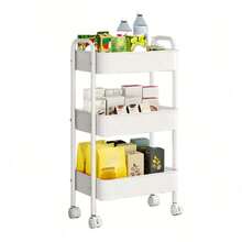 3-Tier Metal Rolling Storage Cart With Lockable Wheels - Multi-Functional Mobile Storage Organizer For Kitchen, Bathroom, Office, Workshop - White, Durable Structure, Easy To Assemble, Narrow Storage Cart - trắng - Xem 1