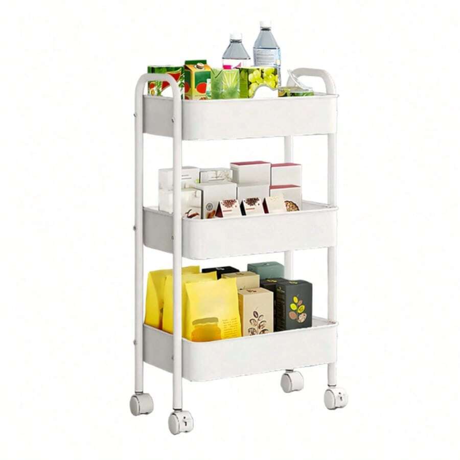 3-Tier Metal Rolling Storage Cart With Lockable Wheels - Multi-Functional Mobile Storage Organizer For Kitchen, Bathroom, Office, Workshop - White, Durable Structure, Easy To Assemble, Narrow Storage Cart - trắng - Xem 1