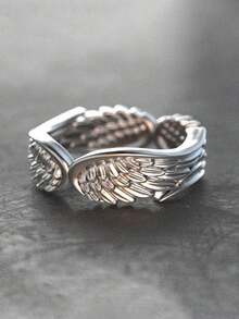 1 Stück Edelstahl Ring in Engelflügel-Federform, Vintage Retro oxidierter Silberring