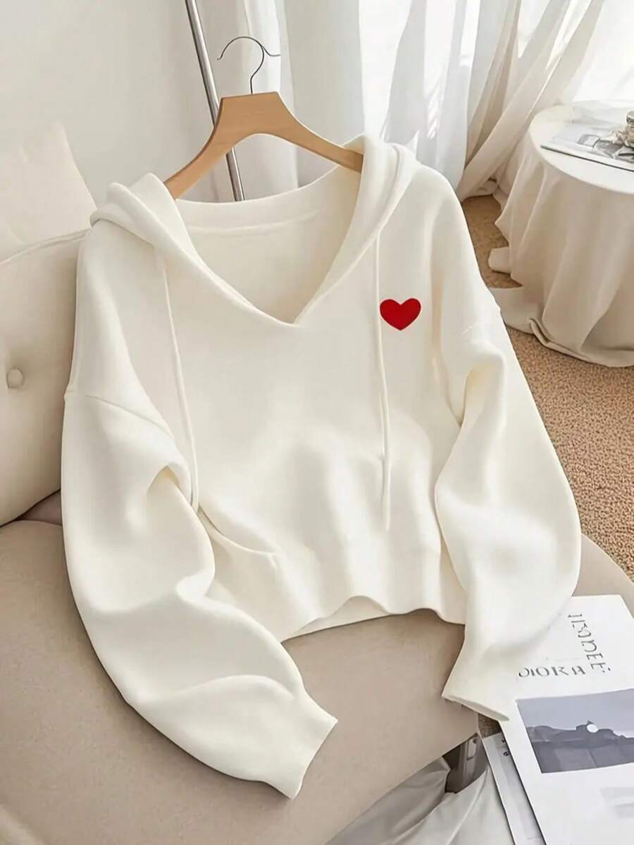 Áo nỉ cổ chữ V có mũ trùm đầu màu trắng dành cho nữ, thiết kế mới cho mùa thu, áo dài tay dáng croptop rộng rãi thêu hình trái tim, áo nỉ chui đầu phong cách Hàn Quốc có dây rút thường ngày, thích hợp mặc hàng ngày, hẹn hò, ngày lễ vào mùa thu/đông - trắng - Xem 1