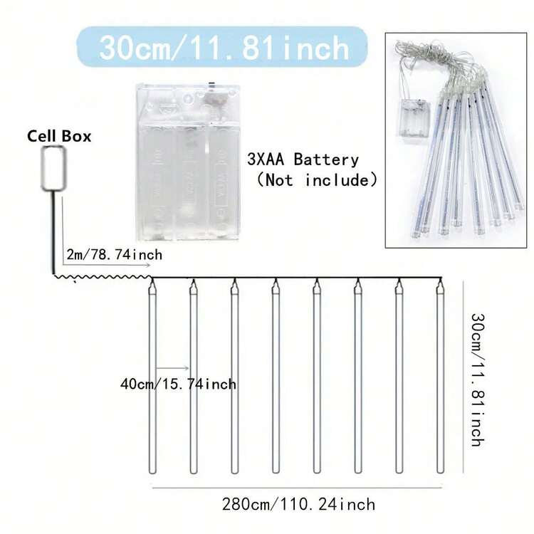 1 件 8 管电池供电 LED 流星雨灯串，30 厘米，卧室装饰，花环仙女灯，圣诞节和万圣节装饰，家居装饰照明，婚礼派对用品，不含电池 - 電池盒流星雨 - 查看 3