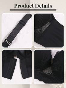 女士加大码蕾丝文胸，提胸文胸，无缝性感内衣，女士聚拢文胸，防下垂舒适文胸，深V文胸 - 黑色 - 查看 7