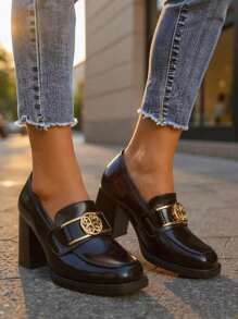 Persephone Nero Women's Block Heel LoafersLeather Gold Buckle