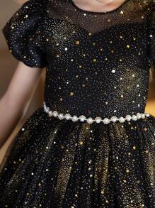 女童黑色短款薄纱星星印花派对连衣裙 - 黑色 - 查看 8