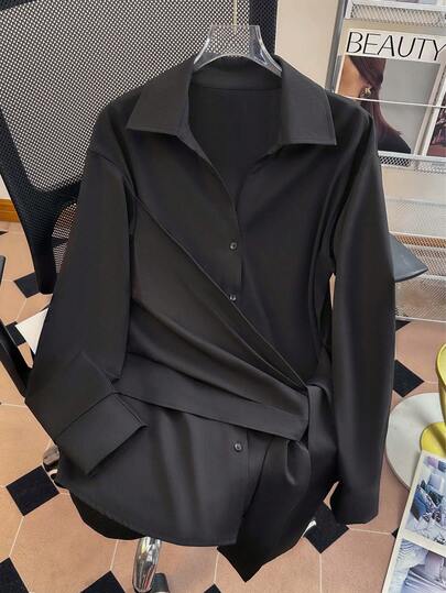 Women's 3-Season Belted Button Down Shirt - Solid Color Tie Waist Long Sleeve Shirt Collar | Fall Spring Winter Versatile