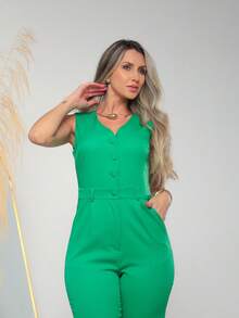 Women's Tailored Jumpsuit With Button At The Front C3154 - 綠色 - 查看 5
