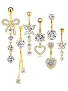 7 PCS Pink Butterfly, Flower, Heart Shaped Stainless Steel Navel Rings, Piercing Jewelry Suitable For Daily Wear - Belly ring - View 14