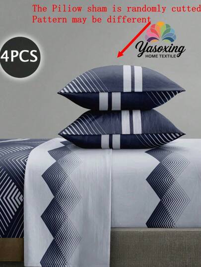 4pcs/Set Navy Blue Boho Geometric Stripes Pattern Sheet Set Easy Care Microfiber Soft Bedding Set Floral Fitted Sheet Set (1pc Flat Sheet+1pc Fitted Sheet+2pcs Pillowcases)Fitted Sheet Set King Queen Full TWIN SIZE Sheet Deep Pocket Up To 11.8 Inch Pillowcase, Soft Breathable Wrinkle-Free Better For Sleep, Luxury Hotel Style, Gift For Mom Dad Friend Back School