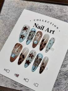 10 件装舒适秋冬豹纹按压指甲棕色带星星图案 - 动物印花和五角星设计的别致组合指甲用品 - 巧克力棕 - 查看 3