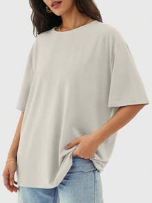 Speed mate Women's Casual Loose T-Shirt, Summer Round Neck Short Sleeve Basic Sports Tee - Beige - View 4