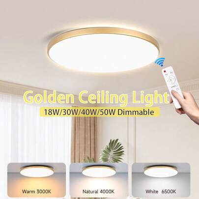CANMEIJIA 1pc 50W Ultra-Thin Large Size Modern Gold LED Ceiling Light, Smart Remote Control Dimmable Ceiling Lamp, 3 Color Temperatures, AC180-265V, Suitable For Living Room, Bedroom, Kitchen, Indoor Home Decor
