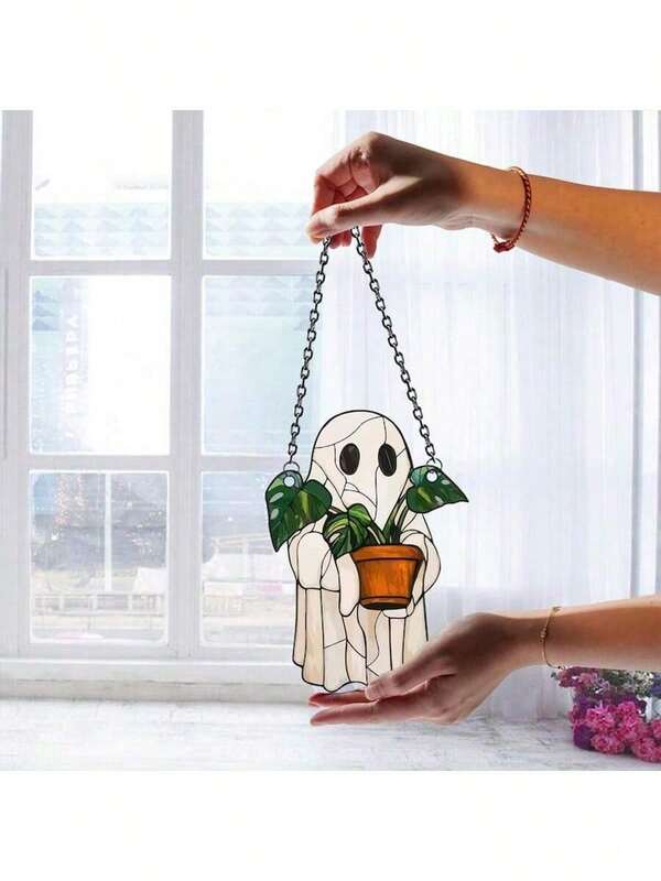 1 Pc Cute Ghost And Plant Decoration, Colorful Acrylic Window Decoration, Gothic Light Catcher, Horror Home Decoration, Halloween Window Decoration, Haunted House Aesthetic, Suitable For Home, Bedroom, Living Room, Wall Decoration (Please Tear Off The Protective Film Before Use, Acrylic Material, Not Glass Material) Halloween Decor Room Decor