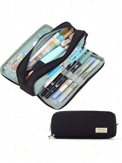 1 Pc Large Capacity Pencil Case 3 Compartment Pouch Pen Bag For School Teen Girl Boy Boy Girl (Black)