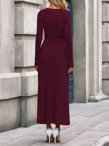 Women Sweater Dress Fall Fashion  Long Sleeve V Neck Ribbed Knit Pleated A Line Elegant Maxi Winter New Years Vacation  Dresses Vestidos Elegantes De Mujer - Màu Đỏ Sâu - Xem 2
