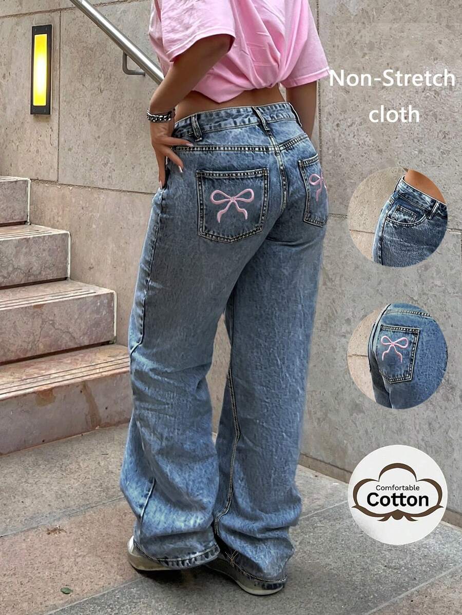 Fashionable Millennium Style Casual Women's Classic Light Color Embroidered Back Pocket Straight Leg Long Jeans - Rửa tối - Xem 1