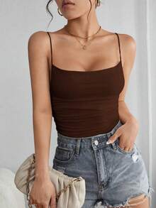 Women's Summer Bodysuit, Thin Straps With Ruched Side Details - Cà phê nâu - Xem 3