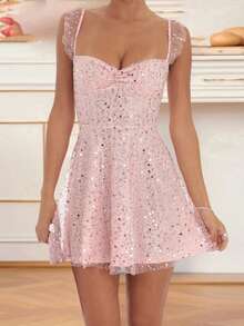 Women Slip Dress, Sleeveless Backless Tie-Up Shiny Sequins A-Line Dress Summer Mini Dress - 粉色 - 查看 1