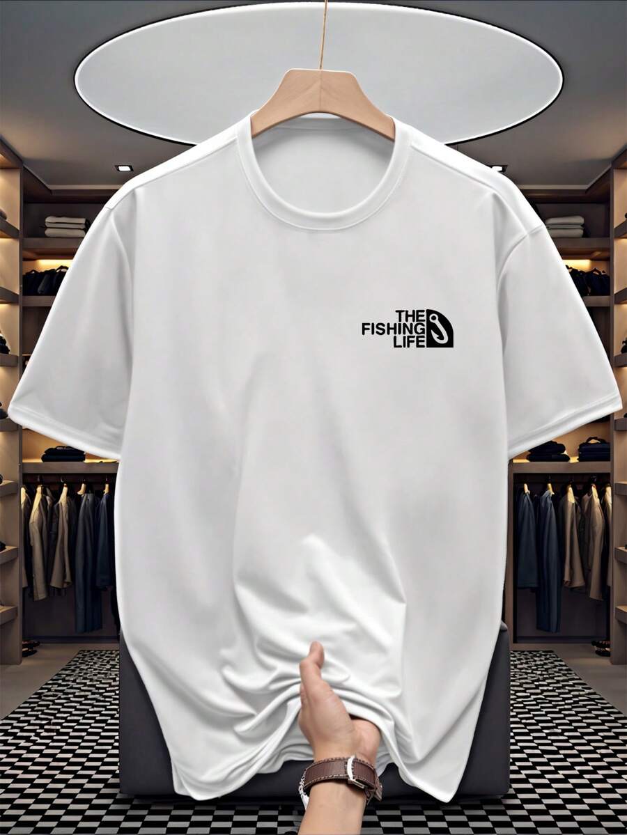 Men's New Casual Sports T-Shirt - Lightweight & Comfortable, Small Label Fish Hook "Fishing Life" Graphic Print, Suitable For Outings, Gatherings With Friends, Outdoor Travel, And Casual Daily Wear - White - View 1