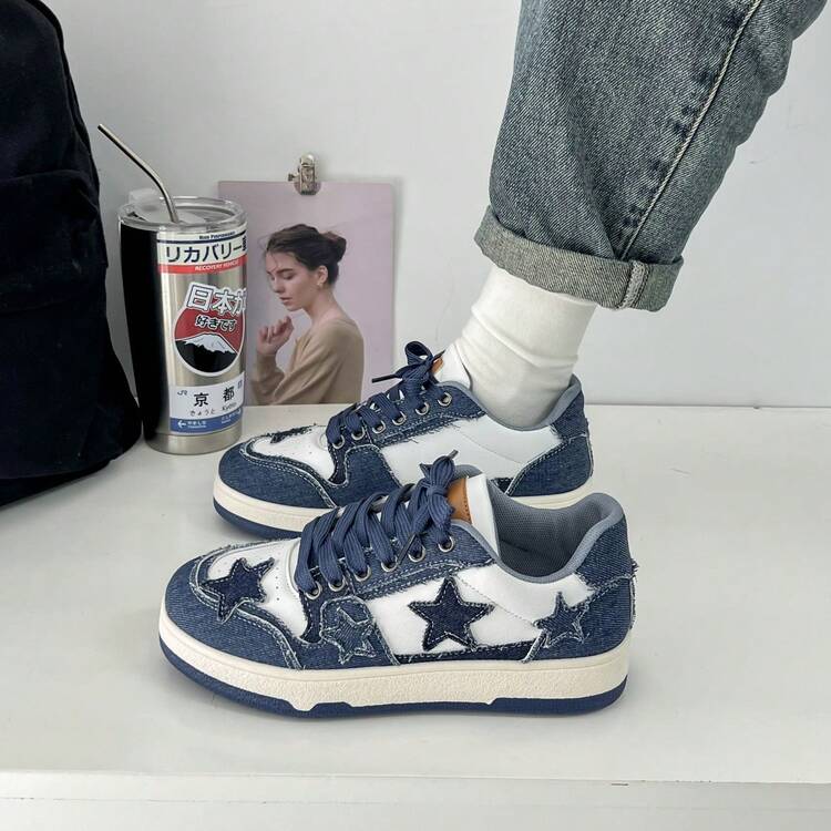 Women's Y2K Denim Star Platform Sneakers, Distressed Sole & Frayed Edge Low-Top Skate Shoes, Cute Aesthetic Lace-Up Casual Walking Shoes, Suitable For Daily Wear And Outdoor - Blue - View 6