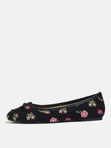 Women's Bow Tie Flat Round Toe Low Heel Embroidered Floral Slip-On Fashion Versatile Ballet Flats, Suitable For Autumn/Winter And Christmas - 黑色 - 查看 4