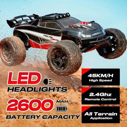 1:8 Full Scale Fast RC Cars, 45KM/H High Speed Off-Road Vehicle, 2.4GHz Remote Control, All Terrain RC Truck With LED Lights, 2600mAh Batteries, Remote Control Sport Utility Vehicle, Independent Shock Absorption, Birthday Christmas Halloween Gifts For Sports Enthusiasts