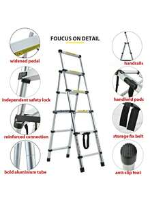 Telescoping Ladder Aluminum 6FT + 7FT, 5 Step Ladder With Anti-Slip Wide Pedal, Collapsible Folding Step Stool Step Ladder For Stairs Home Outdoor Work, A-Frame, 330lbs-Capacity - Silver - View 2