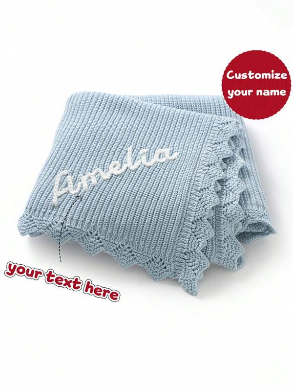 1 pieza Manta de punto bordada con nombre personalizable y encaje delicado, manta suave para bebé, para todas las estaciones