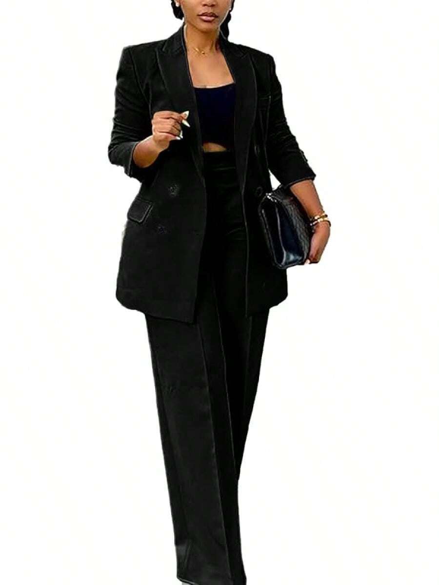 Women's Fashion Pants Suit Piece Business Outfits Casual Double Breasted And Pant Sets - 0黑色 - 查看 1