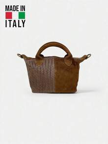 Small Italian-Made Tote Shoulder Bag, Can Be Handheld Or Worn Crossbody, Woven Patchwork Real Leather Tote Bag, Suitable For Shopping, Commuting, And Daily Use, An Excellent Gift Choice. - Brown - View 1