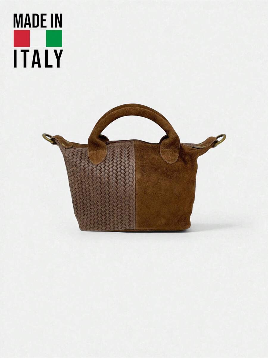 Small Italian-Made Tote Shoulder Bag, Can Be Handheld Or Worn Crossbody, Woven Patchwork Real Leather Tote Bag, Suitable For Shopping, Commuting, And Daily Use, An Excellent Gift Choice. - Brown - View 1