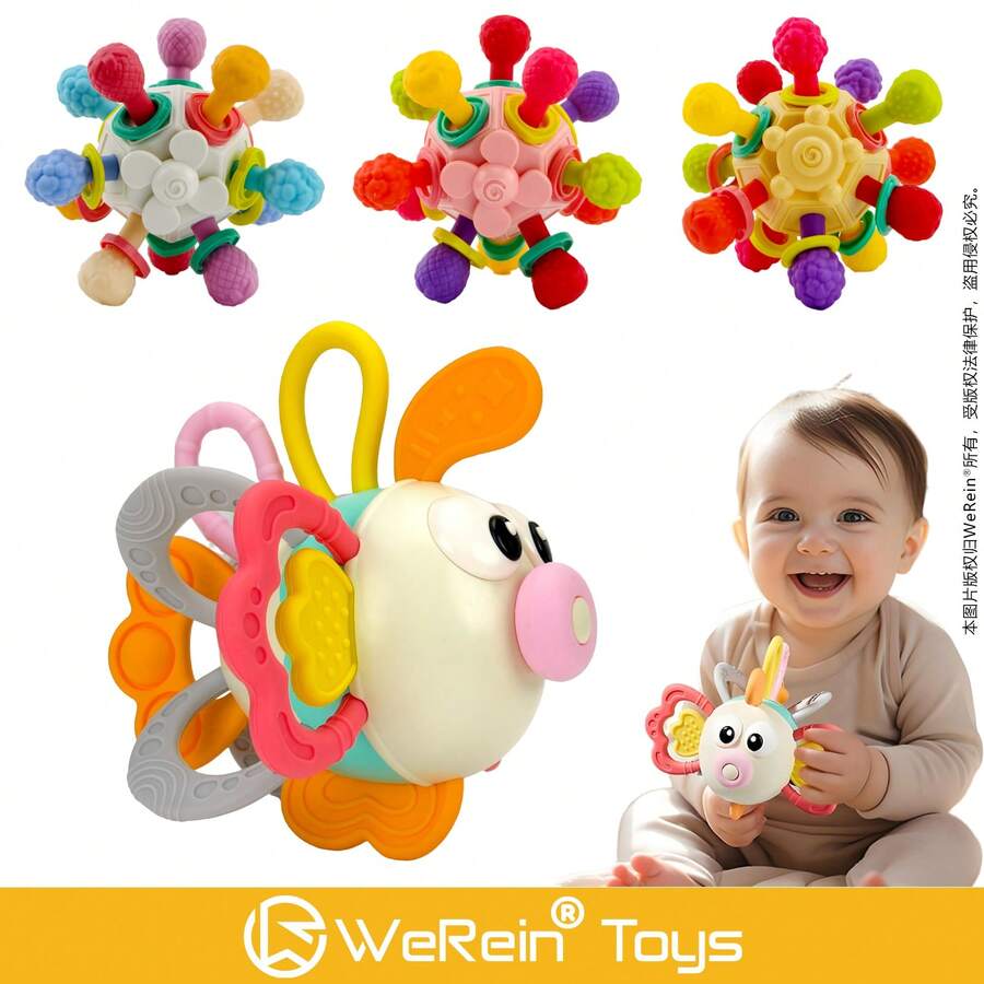 WeRein Bola de agarrar Manhattan para bebê, Bola de dedo Manhattan, Bola de mordedor, Bola de atividade dos cinco sentidos, Bola atômica, Brinquedo para bebê, Gel para dentição para bebê, Exercício interessante de pressão e preensão, Pode mastigar gel para dentição, Brinquedo chocalho de mão para bebê, Bola de borracha macia, Brinquedo de mordedor giratório Atom, Presente para recém-nascido, Presente de Natal. (Cor aleatória)