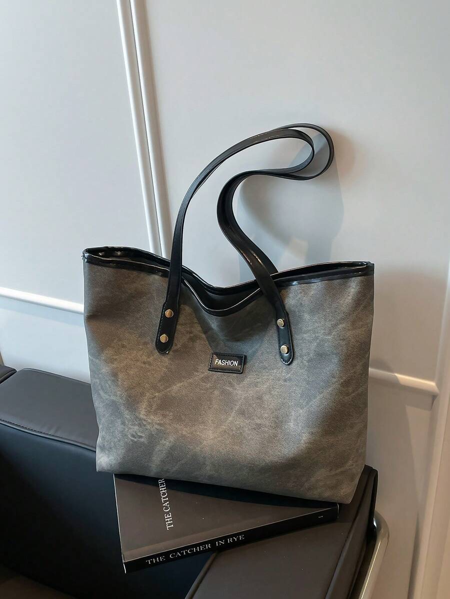 Túi Tote Da PU Giả Denim Cổ Điển, Sức chứa lớn, Túi xách, Túi đeo vai, Thích hợp cho phụ nữ mua sắm, đi làm, Học sinh trở lại trường và sử dụng hàng ngày - Màu xám đen - Xem 1