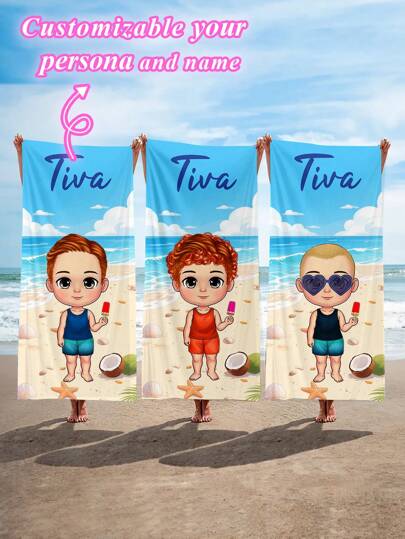 1pc Personalized Cartoon Printed Ultra-Soft Absorbent Swim Beach Shower Towel, For Travel, Vacation, Outdoor Use Summer Travel, Vacation Holiday Bathroom Decor Beach Essentials,Beach Party Birthday Anniversary Gift For Her/Him