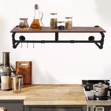 kangten Wall Coat Rack With Floating Shelf, Wall Mounted Clothes Shelf, Kitchen Shelf With Four Bases - Black - View 2