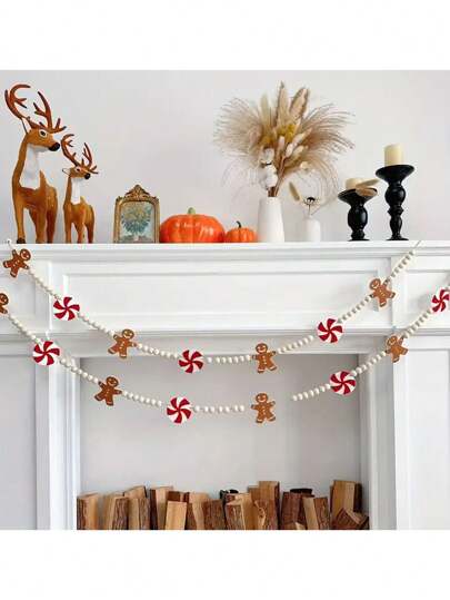 55/39 peças/conjunto de guirlanda de boneco de gengibre de Natal, guirlanda de doces de boneco de gengibre e contas de madeira, guirlanda decorativa de boneco de gengibre de Natal, guirlanda de Natal para decoração de lareira, faixa suspensa para jardim, adequada para festas de Natal e Ano Novo