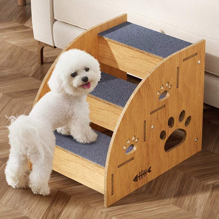 3 Steps Wooden Pet Dog Washable Portable Soft Stairs Puppy Ramp Ladder Bed Sofa - Wood Color - View 1