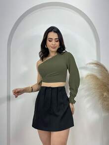 Women's Cropped Blouse With Mule Sleeve And One Shoulder Pads - 墨綠色 - 查看 5