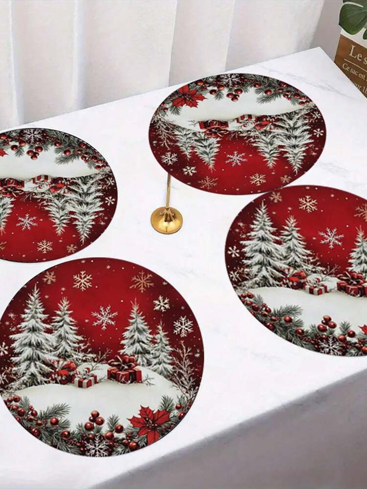 4/6/8pcs Christmas Snowflake Pattern, Non-Slip Heat Resistant, 13.8inch Christmas Decorative Placemats, Perfect Choice For Holiday Dining And Home Decor, Polyester Round Placemats, Woven, Non-Slip, Washable, Suitable For Holiday Dining And Home Decor, Durable - Multicolor - View 4