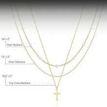 Cross Necklace For Women, Dainty 18K Gold Plated/Sterling Silver Small Cross Pendant Necklace Simple Gold Cross Necklaces For Women  Faith Jewelry Gift2025 - 三層十字珍珠金 - 查看 2