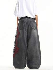 1 chiếc quần jeans Infinite Jeans kiểu Hồng Kông, thêu hoa 3D, thời trang, đa năng, dáng rộng, ống rộng, đã qua xử lý giặt, dành cho nam (Sản phẩm không bao gồm thắt lưng và phụ kiện) - màu đen - Xem 8