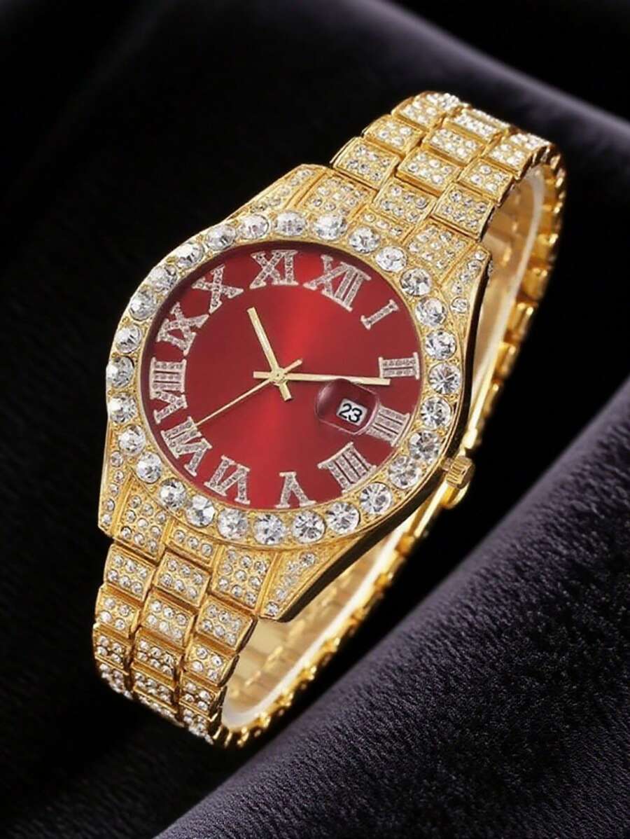 Elegant Men's Quartz Watch - Fashionable Roman Numerals With Luxurious Golden-Tone Crystal Accents, Large Round Dial, Zinc Alloy Band & Case, Battery Operated - Multicolor - View 1