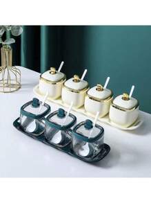 Condiment Jar With Lid And Spoon Spice Container, Clear, Green, White, Condiment Jar Seasoning Jar Salt Container Sugar Jar, Kitchen, Counter, Food Storage, 1 Tray +4 Jars, 1 Tray +3 Jars, Thanksgiving Day Gift, Harvest Festival, Family Dinner