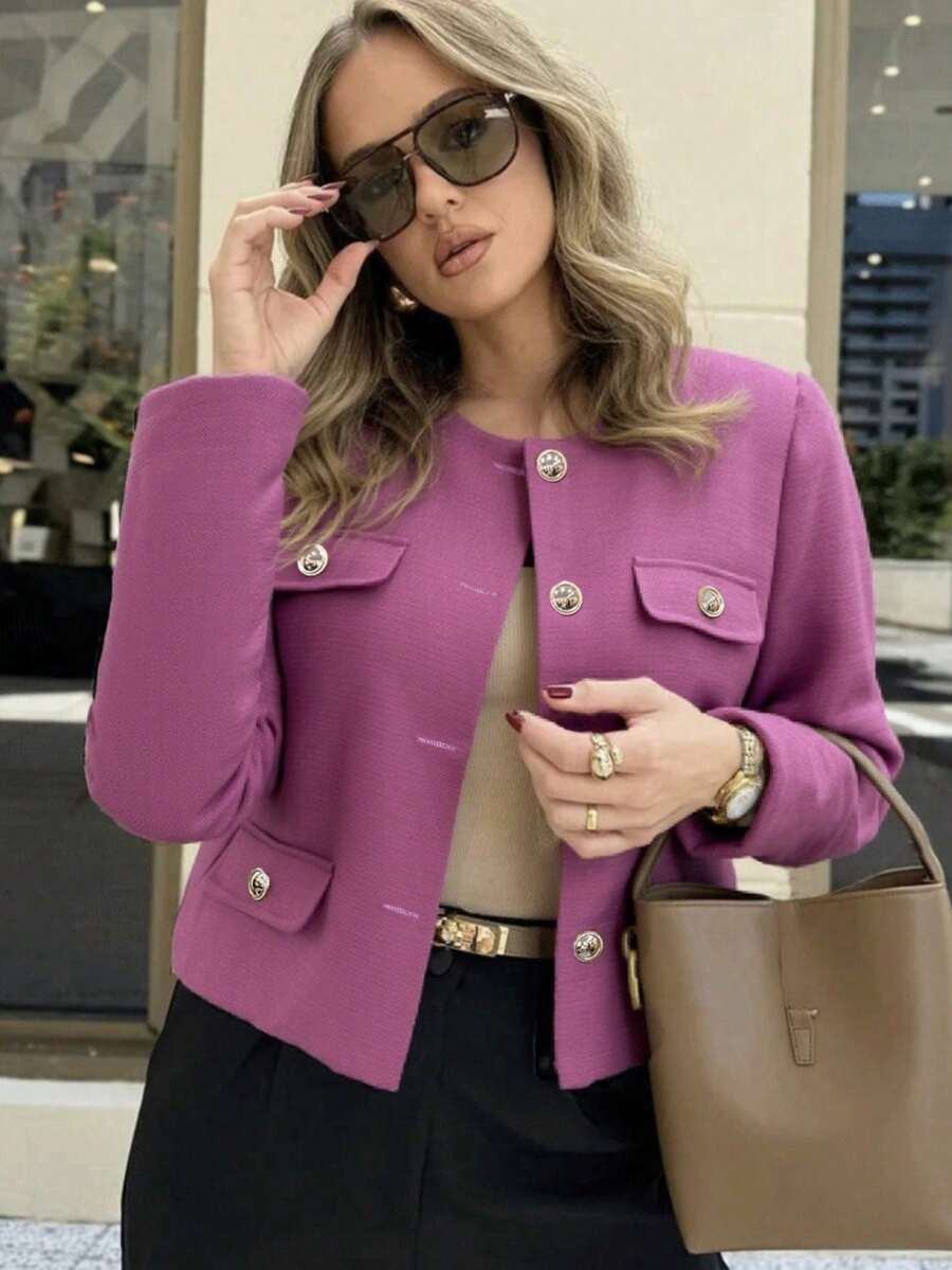 Veste courte décontractée à manches longues, boutonnage simple, couleur unie, fine, pour femmes. Printemps/Automne