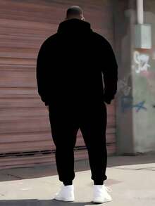 两件套加大码男士撞色字母印花连帽衫套装，拼接宽松休闲运动服，带抽绳口袋的户外运动套装，黑色春季款 - 黑色 - 查看 4