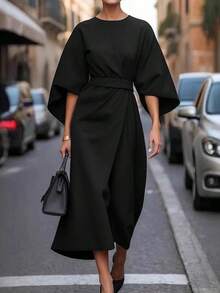 Solid Color Elegant Party Dress For Women Round Neck Half Sleeves High Waist Midi Dress Evening Gowns - 黑色 - 查看 1