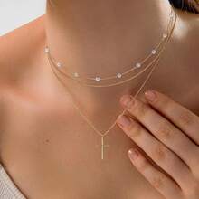 Cross Necklace For Women, Dainty 18K Gold Plated/Sterling Silver Small Cross Pendant Necklace Simple Gold Cross Necklaces For Women  Faith Jewelry Gift2025 - 三層十字珍珠金 - 查看 3