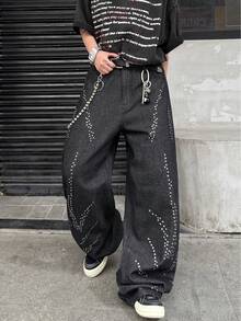 Infinite Jeans 1pc American Vintage Personalized Rhinestone Distressed Ripped Wide Leg Jeans Loose Fit Long Pants For Men (Product Does Not Include Belt And Accessories) - Black - View 4