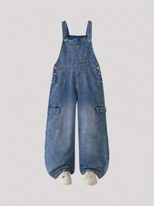 Girls' Retro Casual Denim Bib Pants, Fashion Street Style Loose Straight Leg Jeans Overall For Summer/Spring/Autumn - Medium Wash - View 1