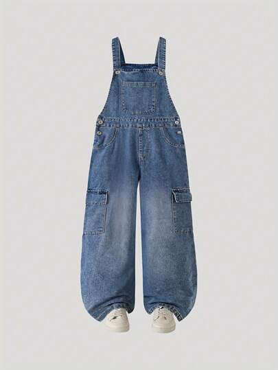 Girls' Retro Casual Denim Bib Pants, Fashion Street Style Loose Straight Leg Jeans Overall For Summer/Spring/Autumn